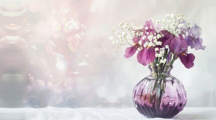 Trendy glass vase with a gradient tint, displaying a mix of purple irises and white baby's breath against a light background