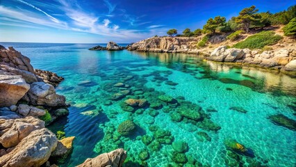 Obraz premium Rocky Mediterranean coastline with crystal clear turquoise waters , rocky shore, Mediterranean, coastline, clear waters