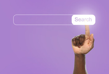 Man using search bar on virtual screen against violet background, closeup