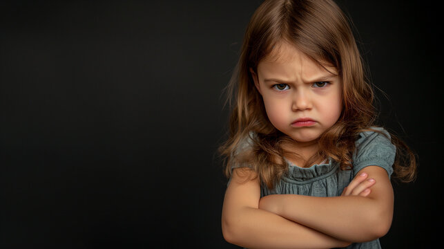 Furious female kid with arms crossed, staring angrily at the camera. Mad little girl, studio shot, unhappy toddler child expressing annoyed and frustrated emotion