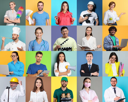 People of different professions. Collage with portraits on various colors backgrounds