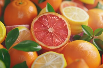 Citrus A collection of citrus fruits emitting tart aroma and flavor focus on, focus on natural ingredients, whimsical, overlay, a market stall backdrop