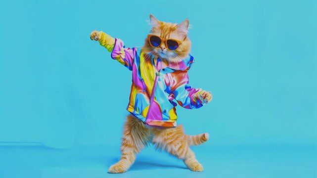 A playful and stylish cat wearing sunglasses and a colorful clothes, dancing. This vibrant and humorous image captures the quirky personality of cats and brings a smile with its bright colors and whim