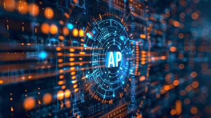 Obraz premium A digital technology background with a focus on the acronym API, which stands for Application Programming Interface, highlighted in the center amidst abstract high-tech elements and binary code. 