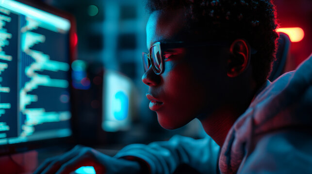 Black IT school student in side profile, deeply engaged in learning digital code and AI cyber security threats on a computer. Future-focused artificial intelligence cyberspace codi