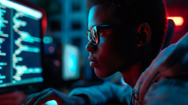 Black IT school student in side profile, deeply engaged in learning digital code and AI cyber security threats on a computer. Future-focused artificial intelligence cyberspace codi