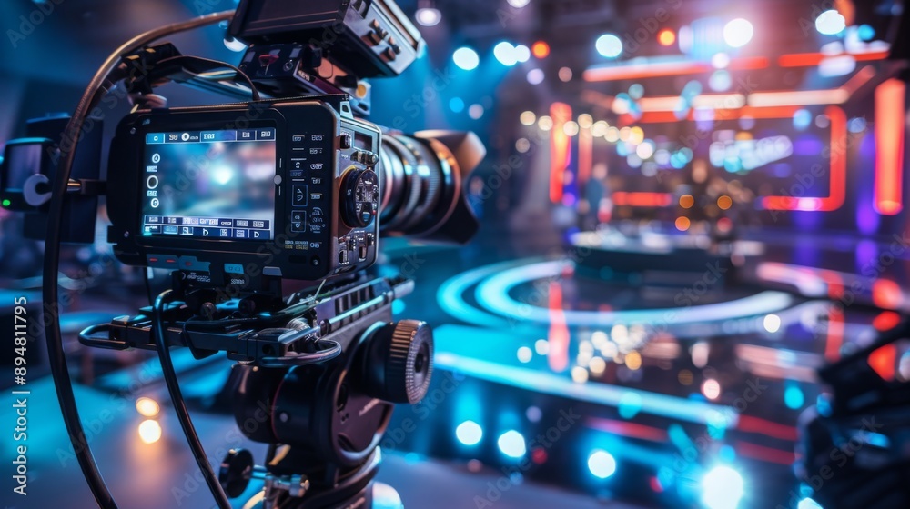 Poster A professional camera is positioned on a tripod, capturing a live event with a brightly lit stage in the background. The camera is focused on the stage, which is illuminated by colorful lights.