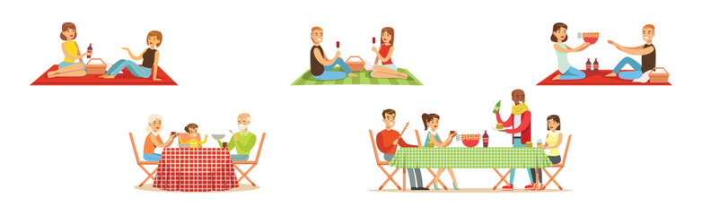 Barbeque Party with People Character Having Meal Outdoor Vector Set