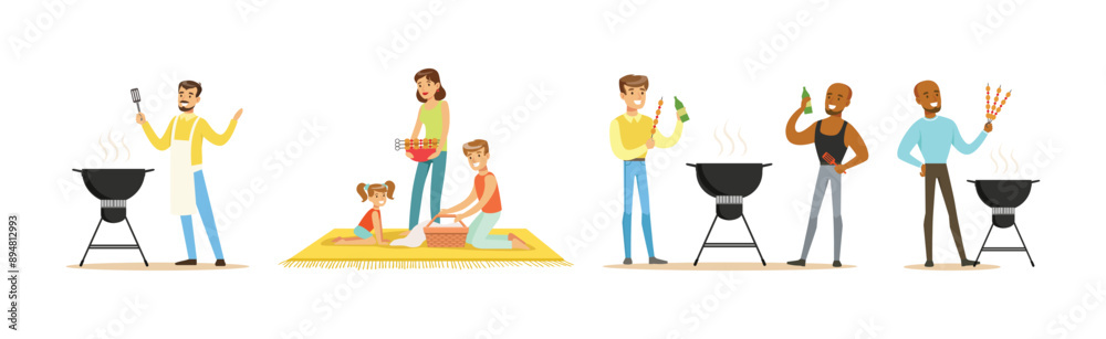 Sticker Barbeque Party with People Character Having Meal Outdoor Vector Set