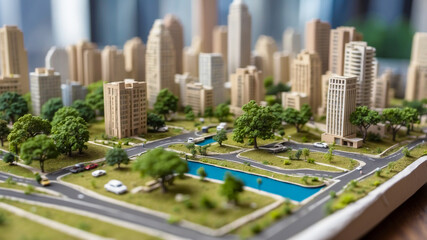 Obraz premium Urban miniature scale model with greening concept. City diorama style. AI-Generated