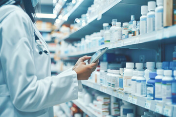 Pharmacy efficiency: Pharmacist utilizes digital tools for inventory.