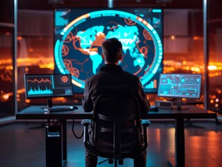 Naklejka premium Futuristic AI Cybersecurity Analyst Monitoring Holographic Threat Dashboard in Modern Office