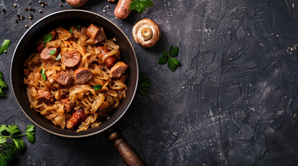 Traditional polish Bigos in black pan on dark stone background. Stewed cabbage with sauerkraut, mushrooms, smoked meats and spices. 