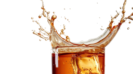 Close-up of a refreshing cola splash with ice cubes in a glass against a black background. Perfect for beverage and summer themes.