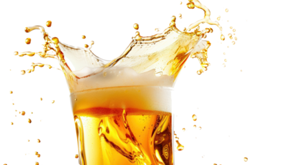Close-up of beer splash in a glass with foam. Dynamic shot capturing the energy and freshness of beer pouring. Isolated on white background.