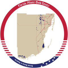 Map of Miami-Dade County in Florida, USA arranged in a circle.