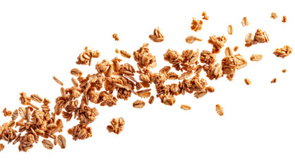 Close-up of granola scattered against a white background. Healthy breakfast food with oats, nuts, and honey forming a textured, crunchy mix.