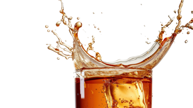 Close-up of a refreshing cola splash with ice cubes in a glass against a black background. Perfect for beverage and summer themes.