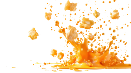 Dynamic explosion of popcorn and melted cheese creating a vibrant and appetizing scene against a black background. Perfect for snack-themed visuals.