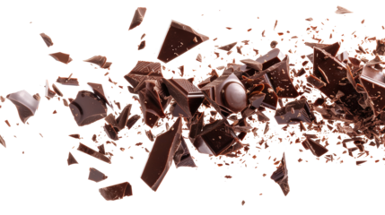 Dynamic image of chocolate pieces shattering in midair, showcasing the rich texture and tempting appeal of the confectionery treat.