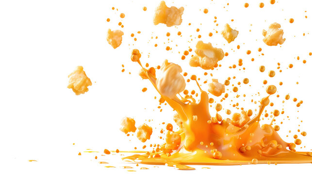 Dynamic explosion of popcorn and melted cheese creating a vibrant and appetizing scene against a black background. Perfect for snack-themed visuals.