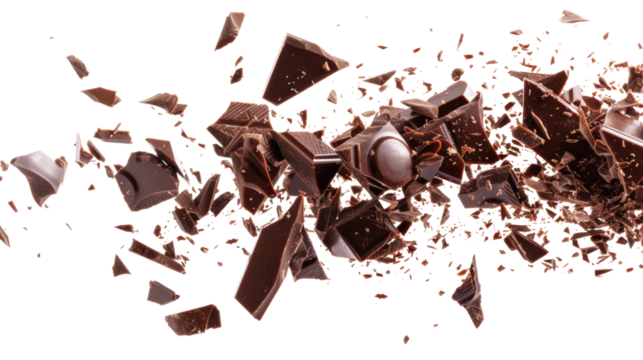 Dynamic image of chocolate pieces shattering in midair, showcasing the rich texture and tempting appeal of the confectionery treat.