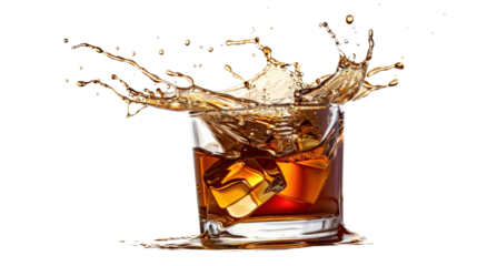 Splashing whiskey in a glass with ice cubes on a white background, capturing the motion and energy of the liquid.