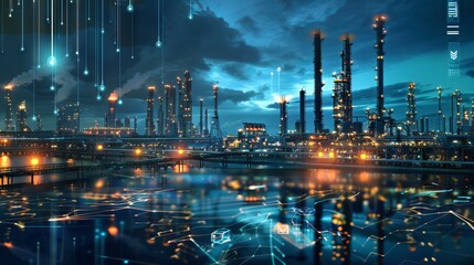 Factory oil refinery with futuristic screen display 