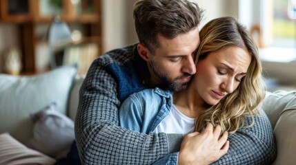 Fototapeta premium Caring husband soothes upset wife at home. Supportive partner offering comfort and love.