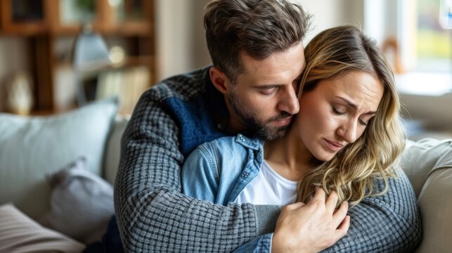 Caring husband soothes upset wife at home. Supportive partner offering comfort and love.