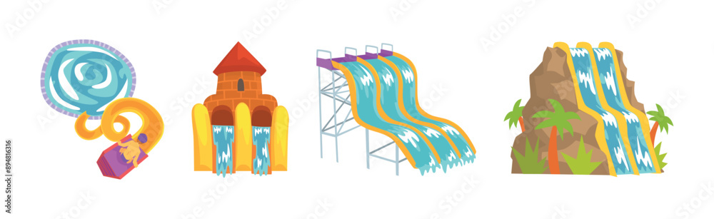 Sticker people character at aquapark enjoy water slide vector set