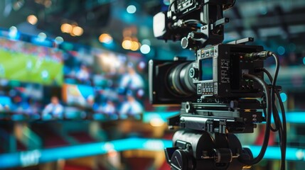 Fototapeta premium A professional camera with a large lens is set up in front of a live event, capturing the action on a screen in the background.