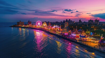 Fototapeta premium Stunning aerial view of a brightly lit amusement park by the sea at dusk, with colorful lights reflecting on the water under a beautiful sunset sky.