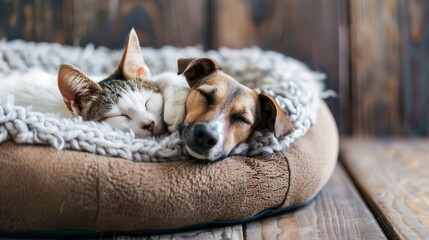 A cat and a dog snuggle together in a cozy bed, showcasing a heartwarming moment of friendship and...