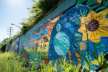 Colorful Mural on Brick Wall.