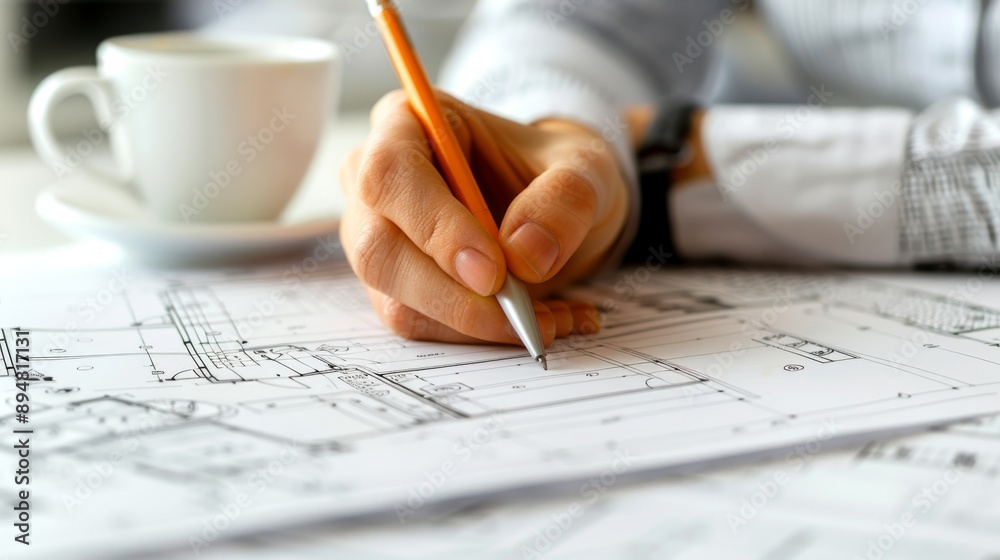 Fototapete architects hand creating blueprints in the style of detailed