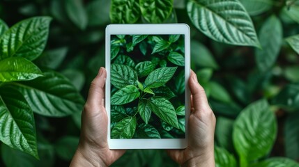 Hands holding a tablet displaying a leave green