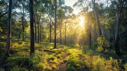 Obraz premium Sunlight streaming through a lush green forest, illuminating the path and casting a serene and peaceful atmosphere during the morning.