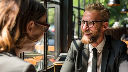 Obraz premium Two colleagues are happily engaged in a meeting at a sunlit café, both wearing glasses and formal attire