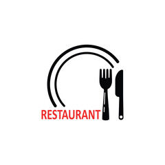 fork and knife on plate like restaurant logo. concept of equipment for lunch and brunch or catering service. abstract flat logotype graphic simple design web