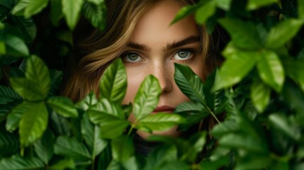 Fototapeta premium A captivating portrait of a woman framed by lush green leaves, showcasing her striking blue eyes and natural beauty.