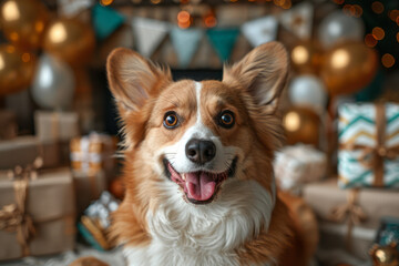 A joyful dog with a birthday banner in the background, surrounded by presents and balloons,