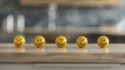 A cheerful row of smiley face balls on a wooden surface, radiating positivity and joy in a bright kitchen setting.