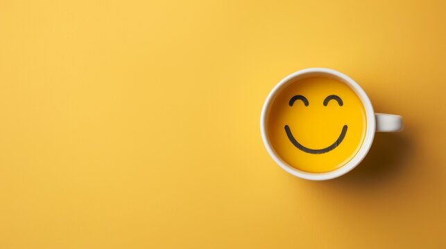 White mug with smiling face and orange drink on yellow background, flat lay