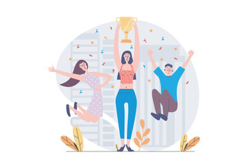 Leadership concept in modern flat design for web. Businesswoman and businessman achieve career goal, getting victory and cup prize reward, celebrating competition win in team. Vector illustration.