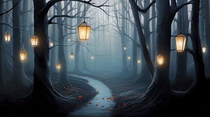 Dark forest with glowing path lights.