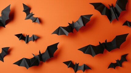 Flying black paper bats over orange background for Halloween