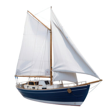 High-quality image of a classic sailboat with white sails and wooden accents, isolated on a white background, perfect for maritime themes.