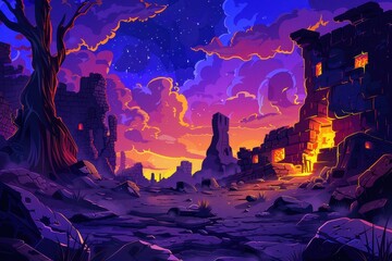 Mystical Ruins in Vibrant Sunset