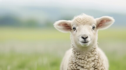 Obraz premium A cute lamb stands in an open field, showcasing its fluffy wool and curious expression, embodying the charm of rural life.